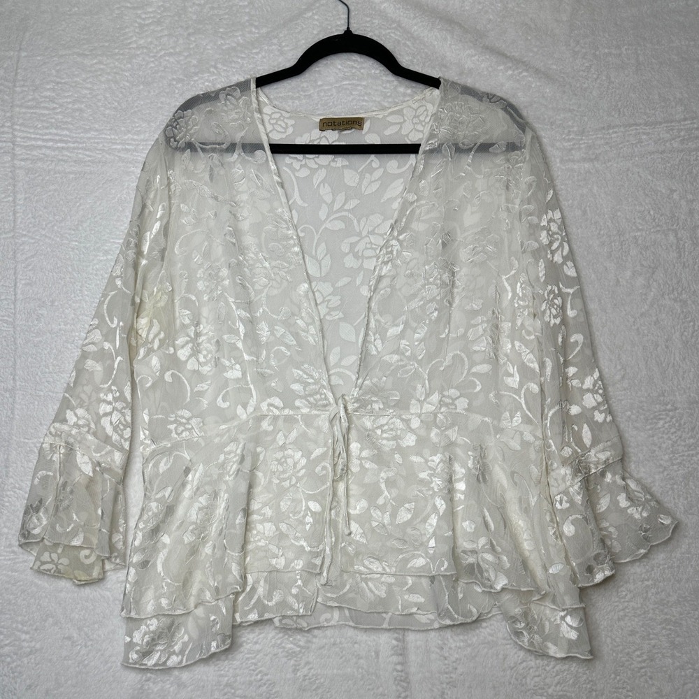 Notations Floral Burnout Tie Front Cardigan Womens XL Ivory Sheer Tiered Sleeve